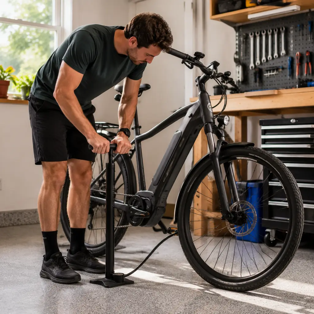E-bike owner checking tire pressure and drivetrain condition