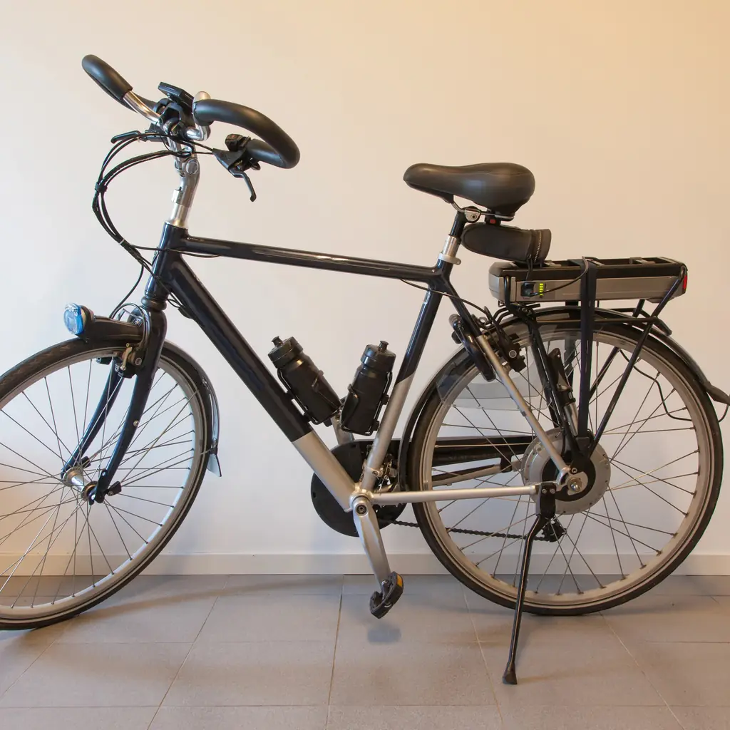 Electric bicycle battery stored indoors on a clean shelf