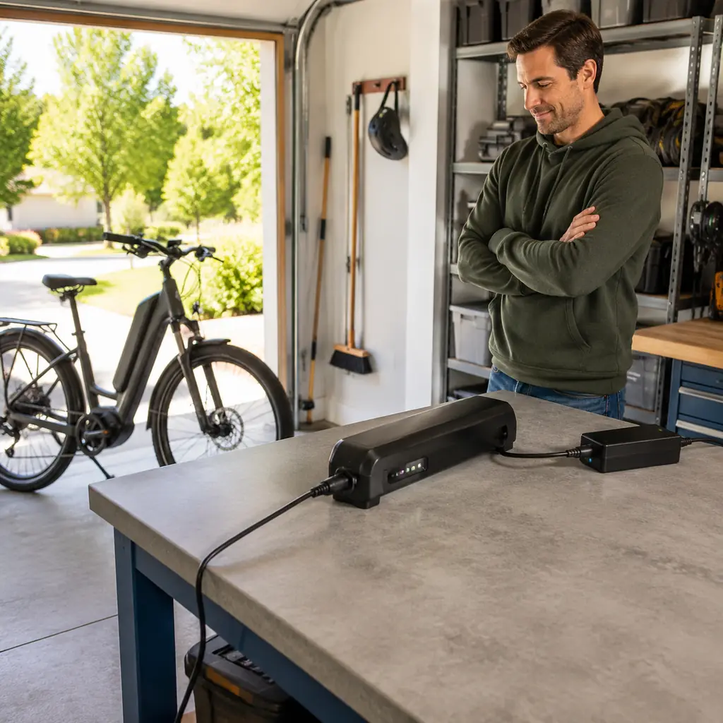 E-bike battery charging on a clear hard surface while the owner is present
