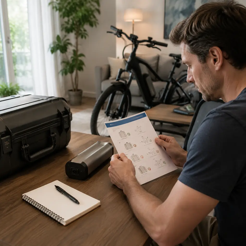 E-bike traveler checking battery transport rules before a flight