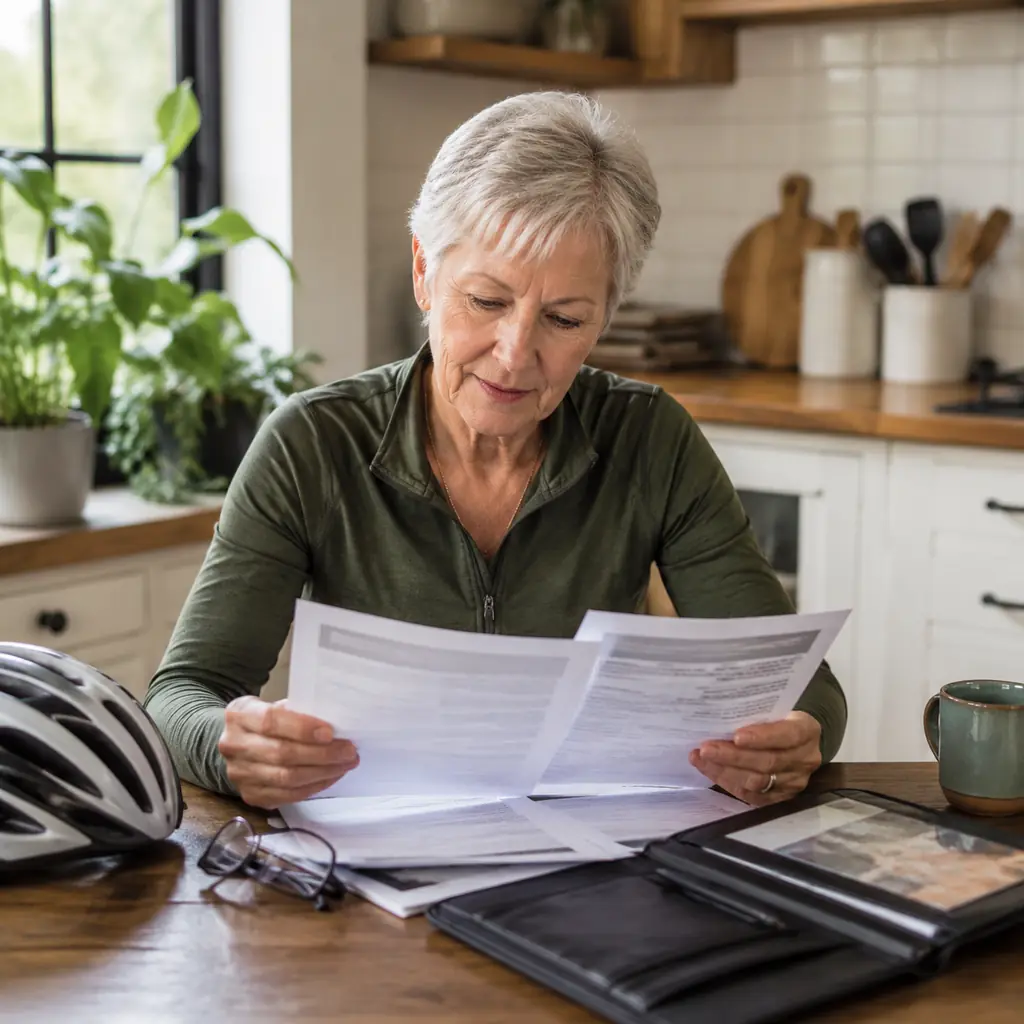 Older cyclist comparing travel insurance policy summaries