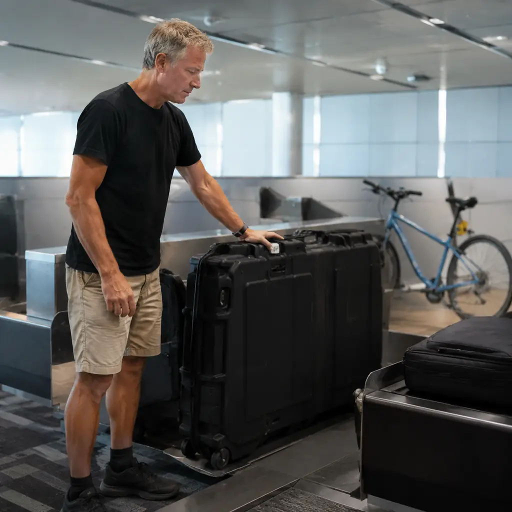 Cyclist checking a bicycle travel case at an airport