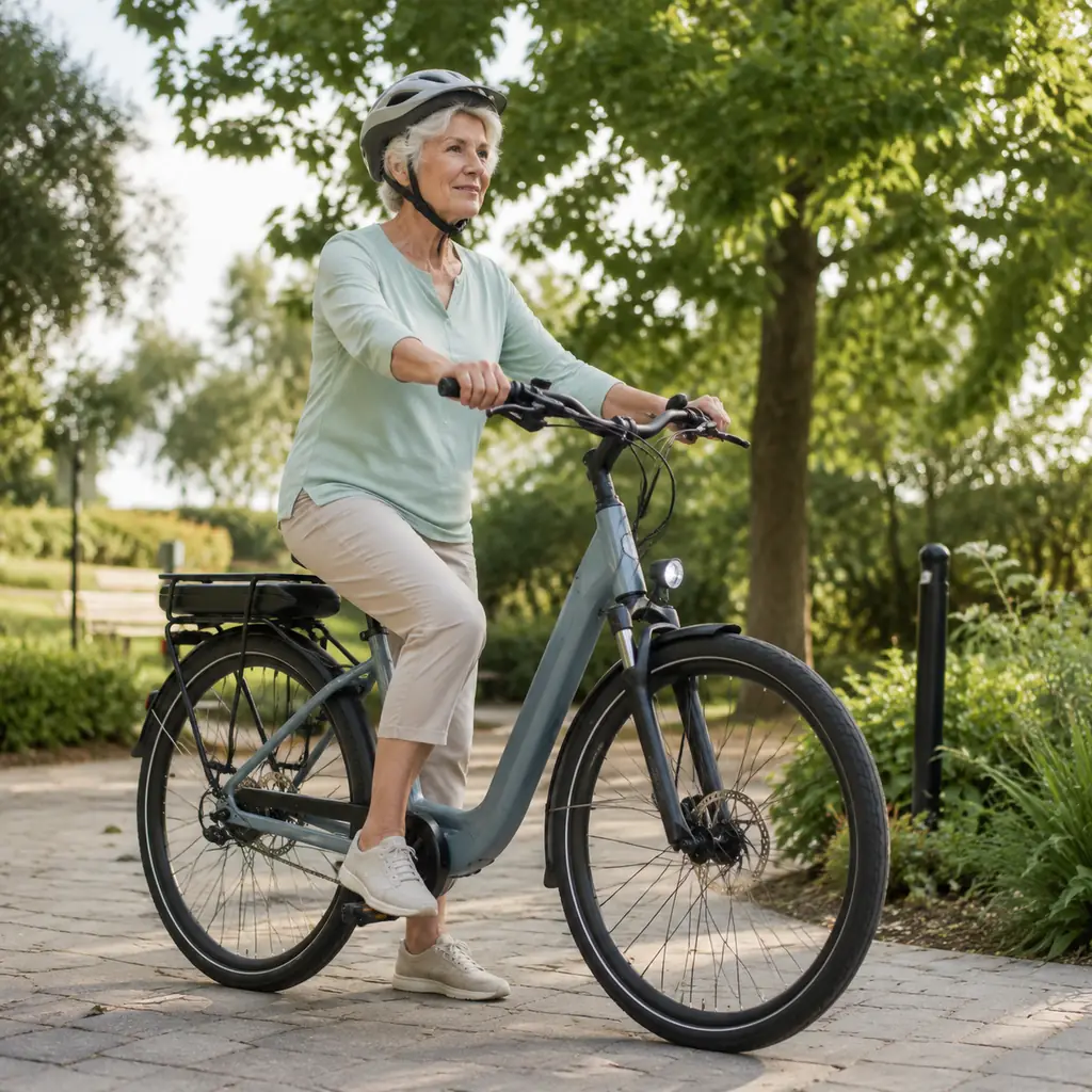 Older cyclist practicing a controlled start on a step-through e-bike