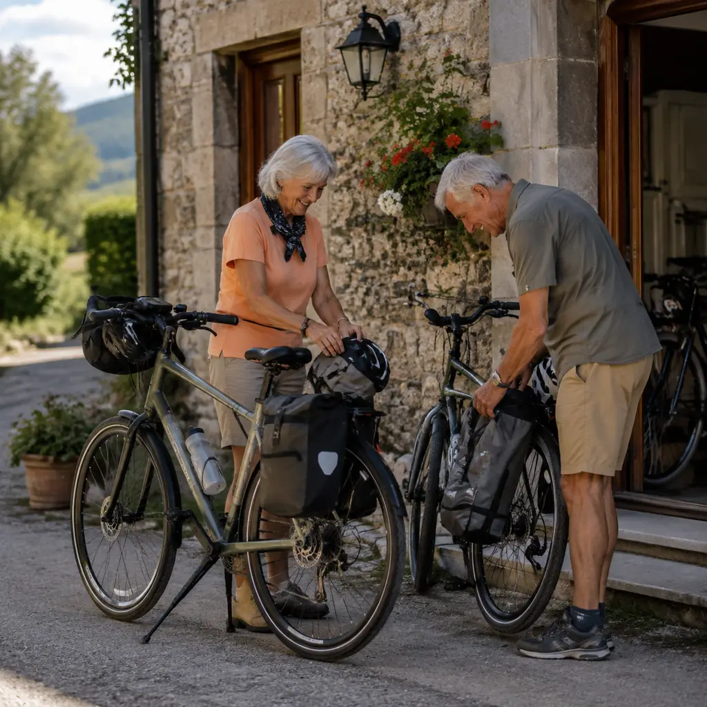 Older bicycle tourists organizing panniers outside a bike-friendly hotel