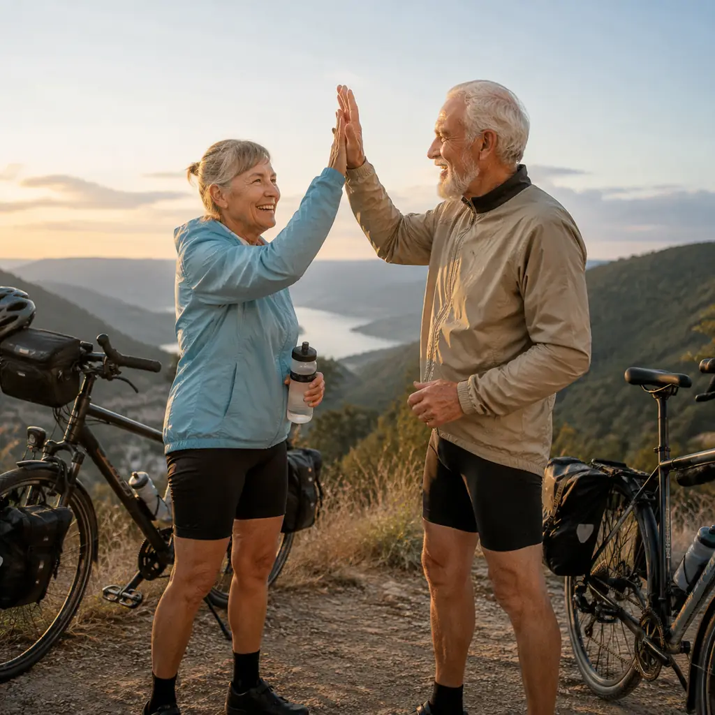 Older couple celebrating the finish of a bicycle tour